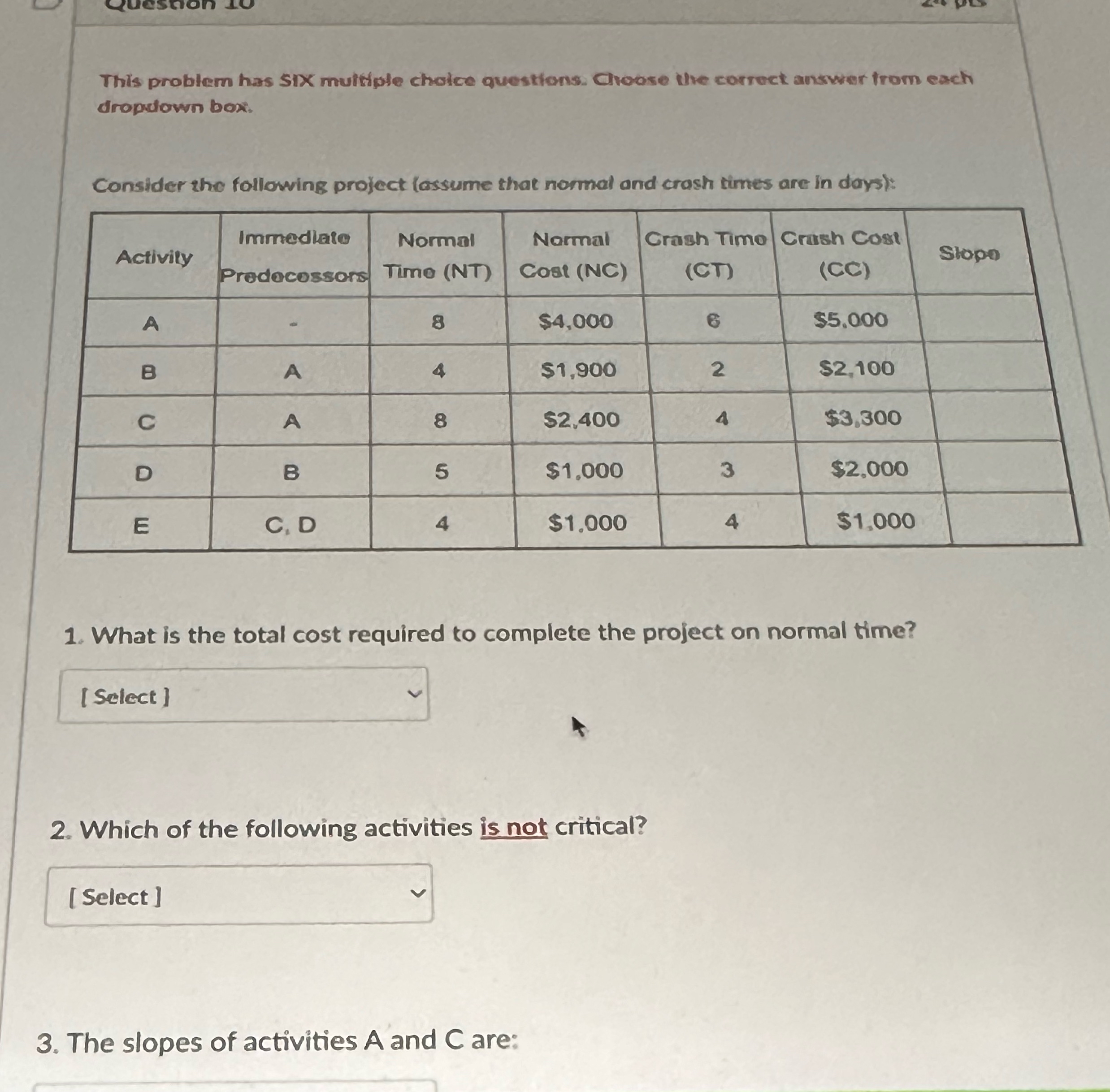  This problem has SIX muttiple choice questions. Cloose the correct answer