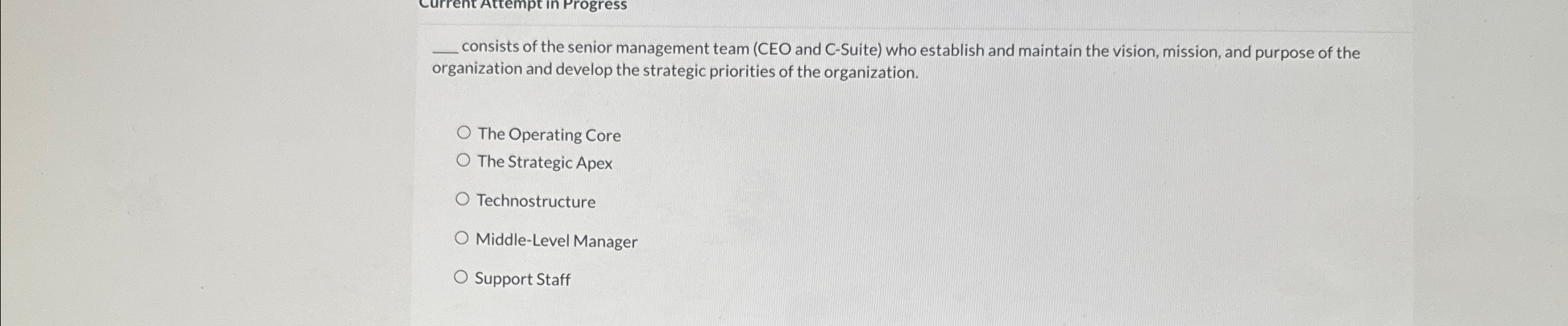  ??consistsoftheseniormanagementteam(CEOandC-Suite)whoestablishandmaintainthevision,mission,andpurposeoftheorganizationanddevelopthestrategicprioritiesoftheorganization. The Operating Core The Strategic Apex Technostructure Middle-Level Manager Support