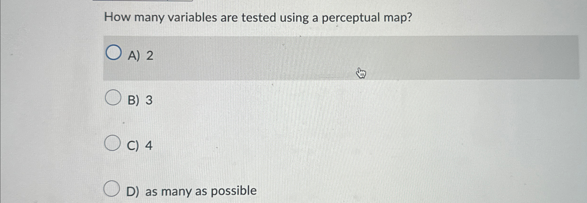  How many variables are tested using a perceptual map? A)2 B)3
