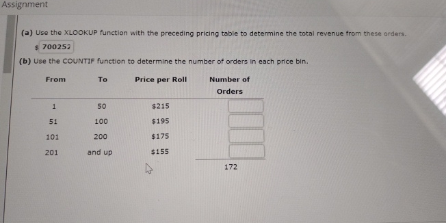  Assignment (a) Use the XLOOKUP function with the preceding pricing table