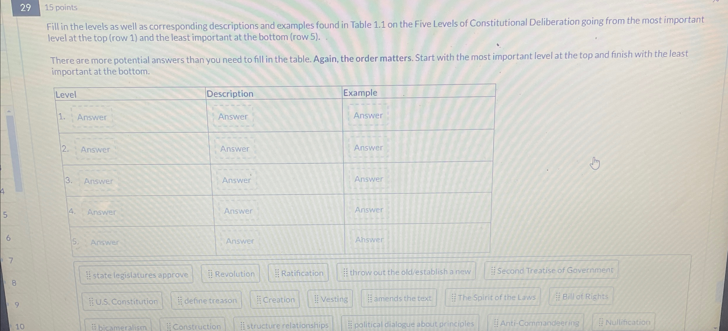 29 15 points Fill in the levels as well as corresponding