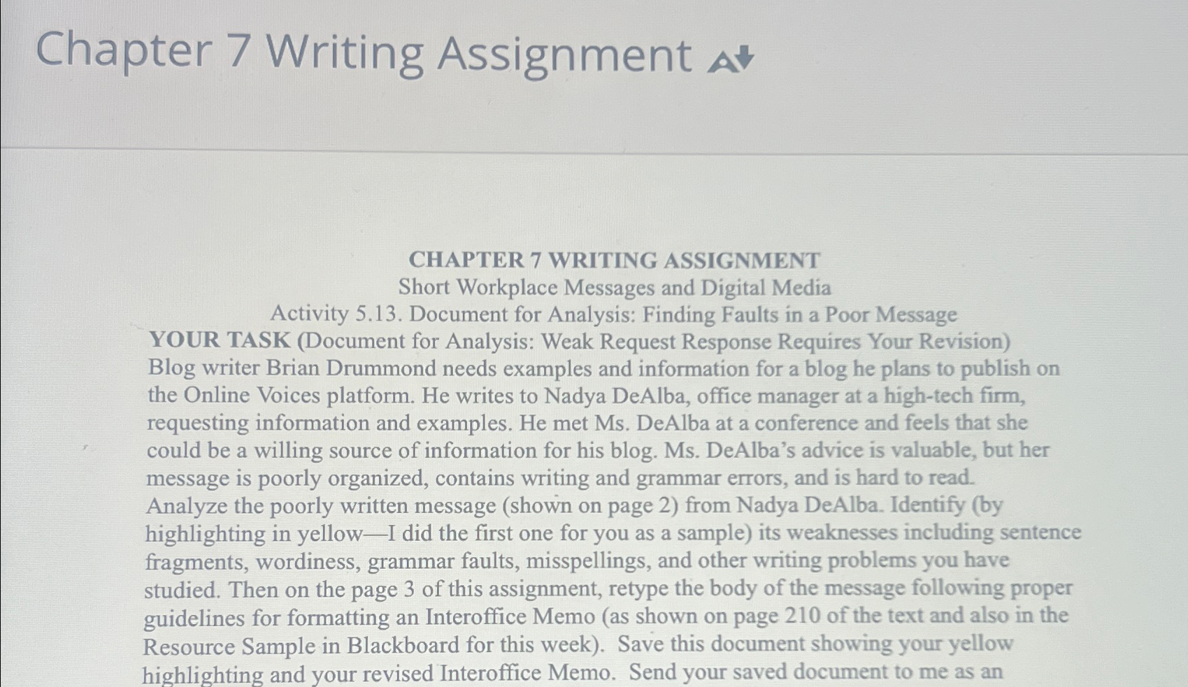  Chapter 7 Writing Assignment At CHAPTER 7 WRITING ASSIGNMENT Short Workplace