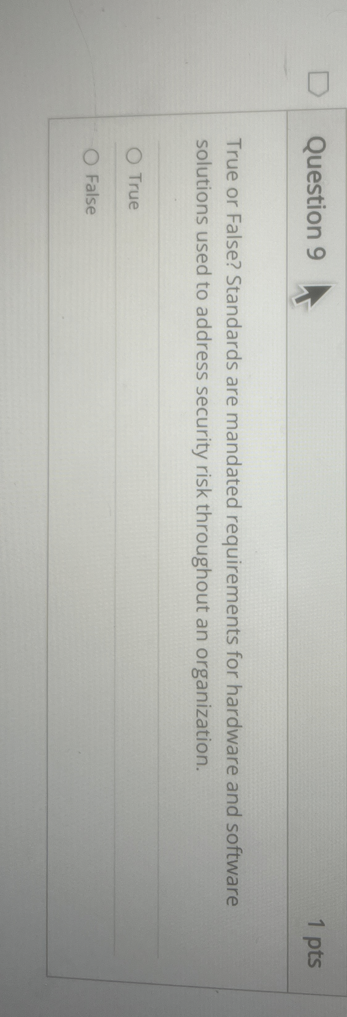  Question 9 1 pts True or False? Standards are mandated requirements