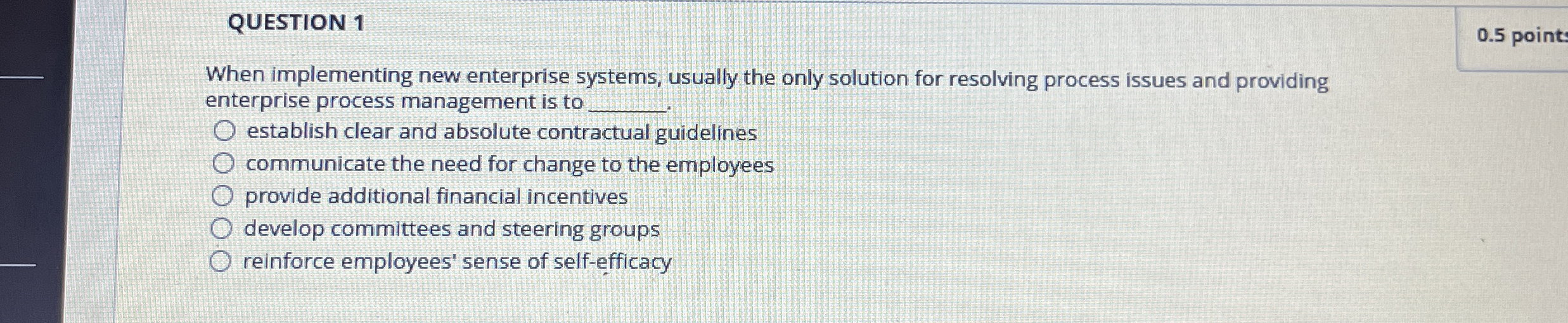  QUESTION 1 When implementing new enterprise systems, usually the only solution