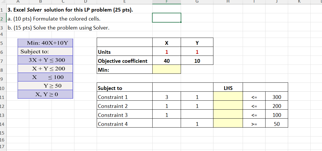  Excel Solver solution for this LP problem (25pts. a.(10 pts) Formulate