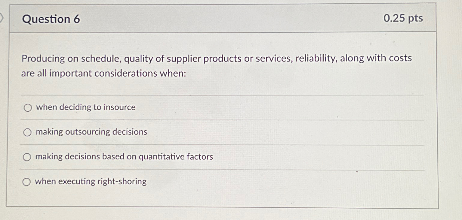  Question 6 0.25pts Producing on schedule, quality of supplier products or