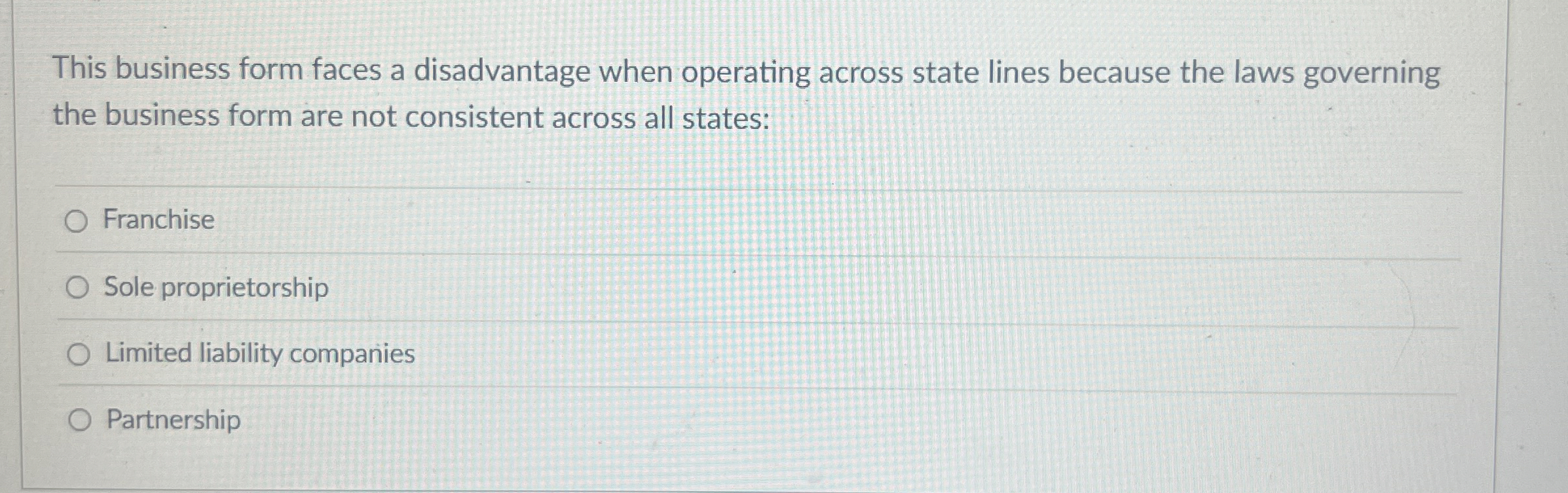  This business form faces a disadvantage when operating across state lines