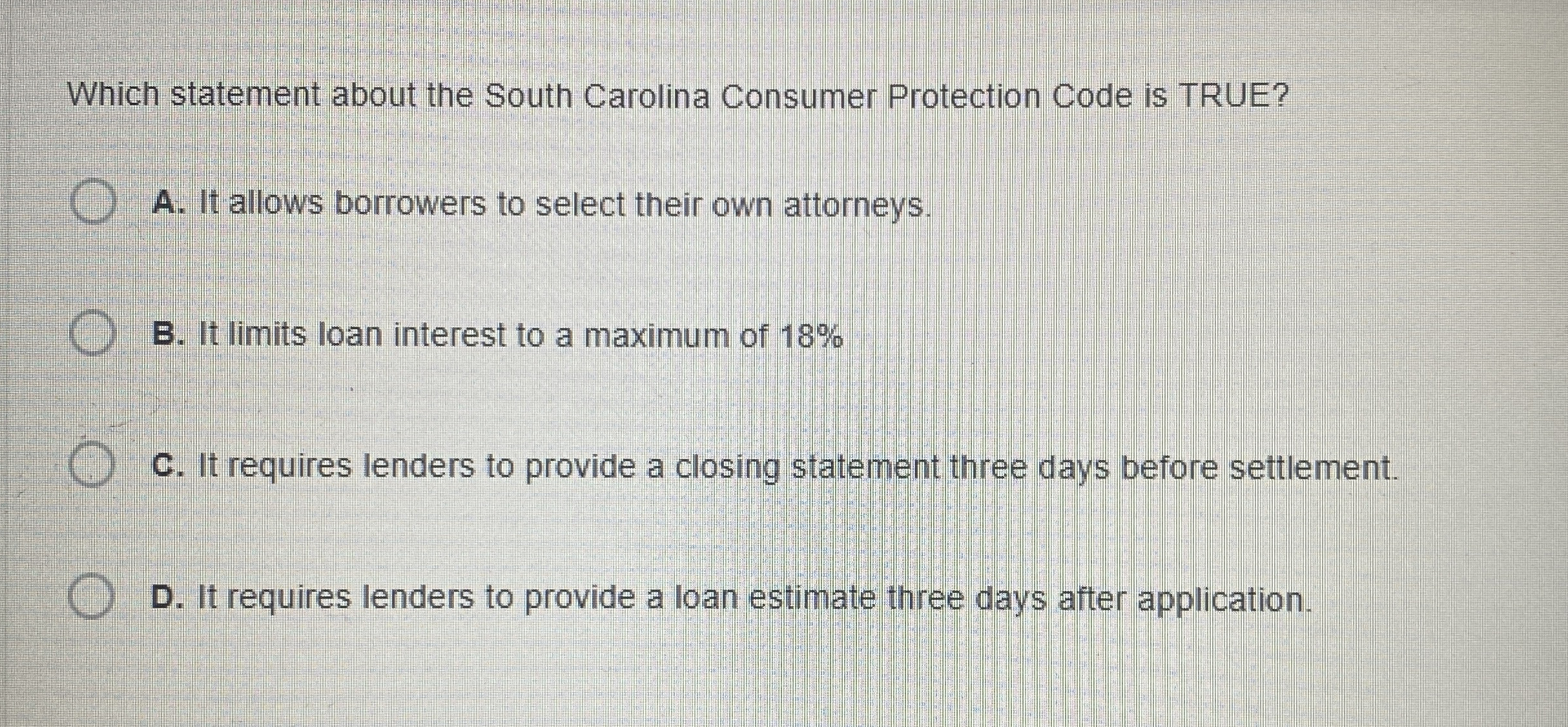  Which statement about the South Carolina Consumer Protection Code is TRUE?
