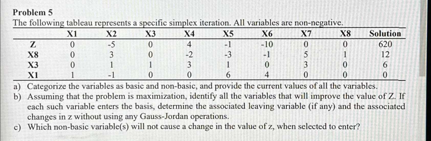  Problem 5 The following tableau represents a specific simplex iteration. All