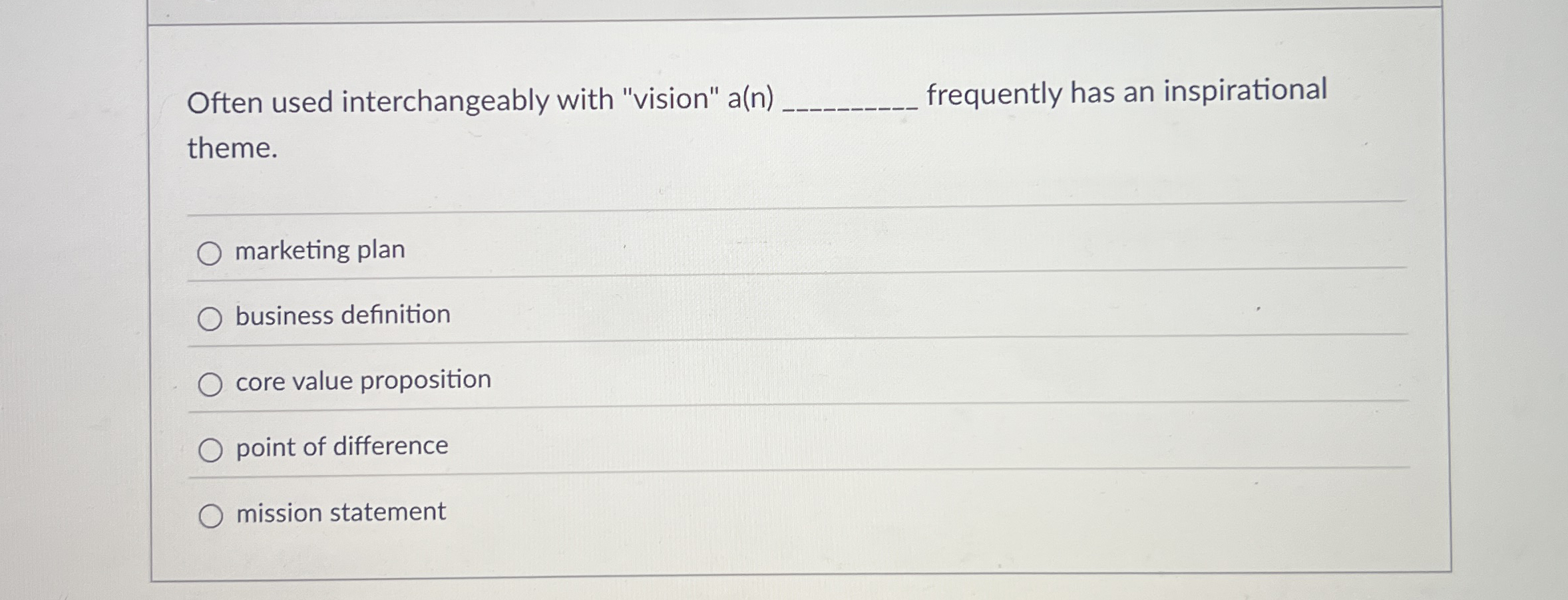  Often used interchangeably with "vision" a(n) frequently has an inspirational theme.