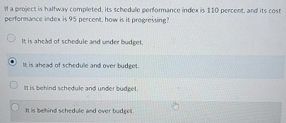  If a project is halfway completed, its schedule performance index is