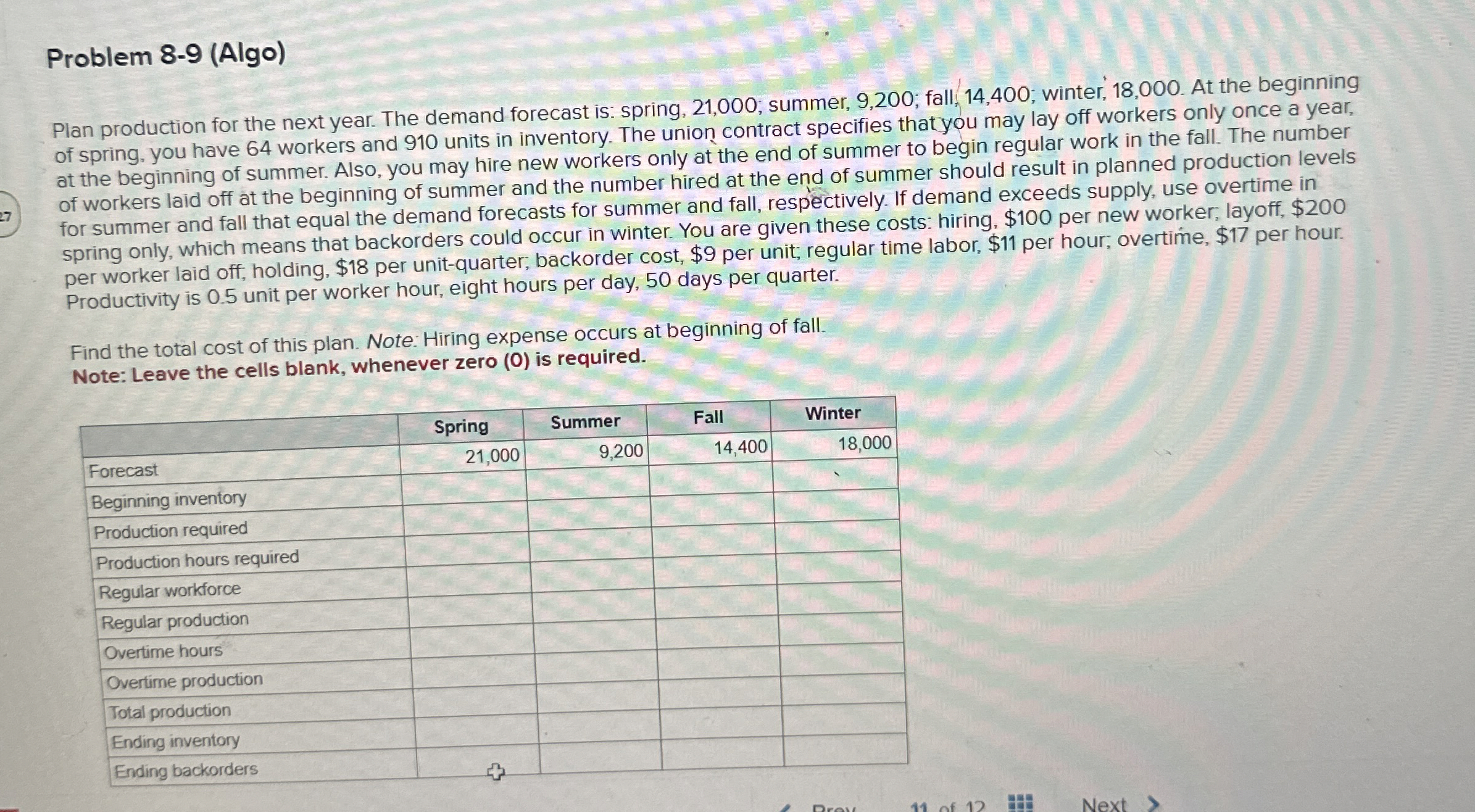  Problem 8-9(Algo) Plan production for the next year. The demand forecast