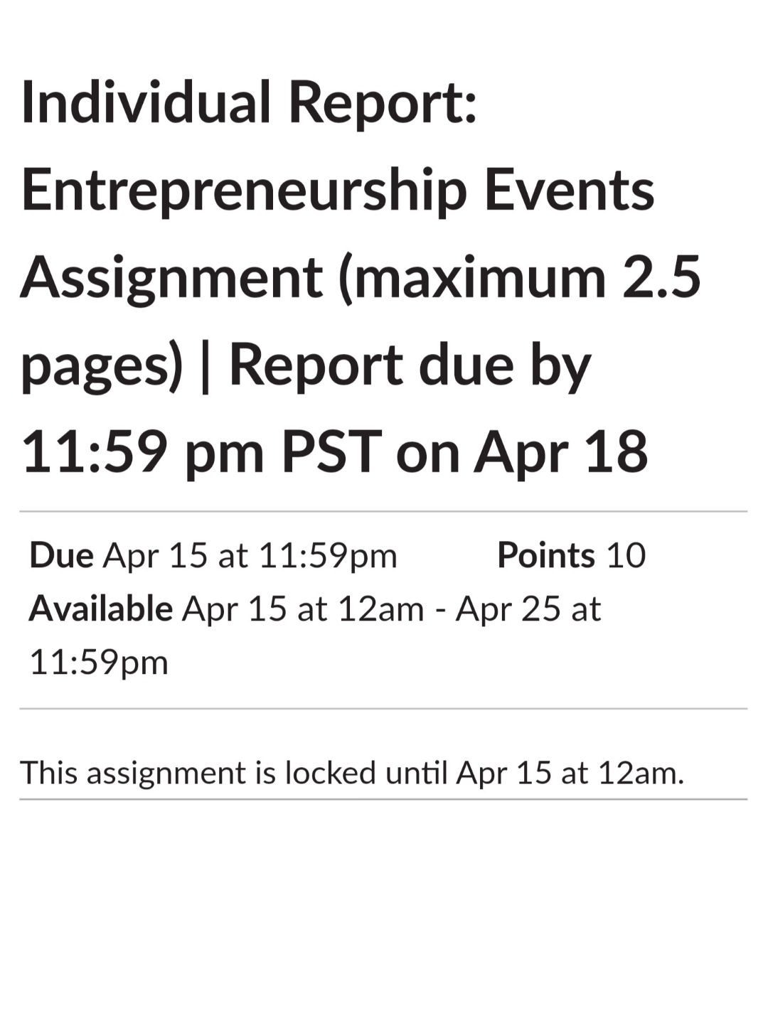  Individual Report: Entrepreneurship Events Assignment (maximum 2.5 pages)| Report due by