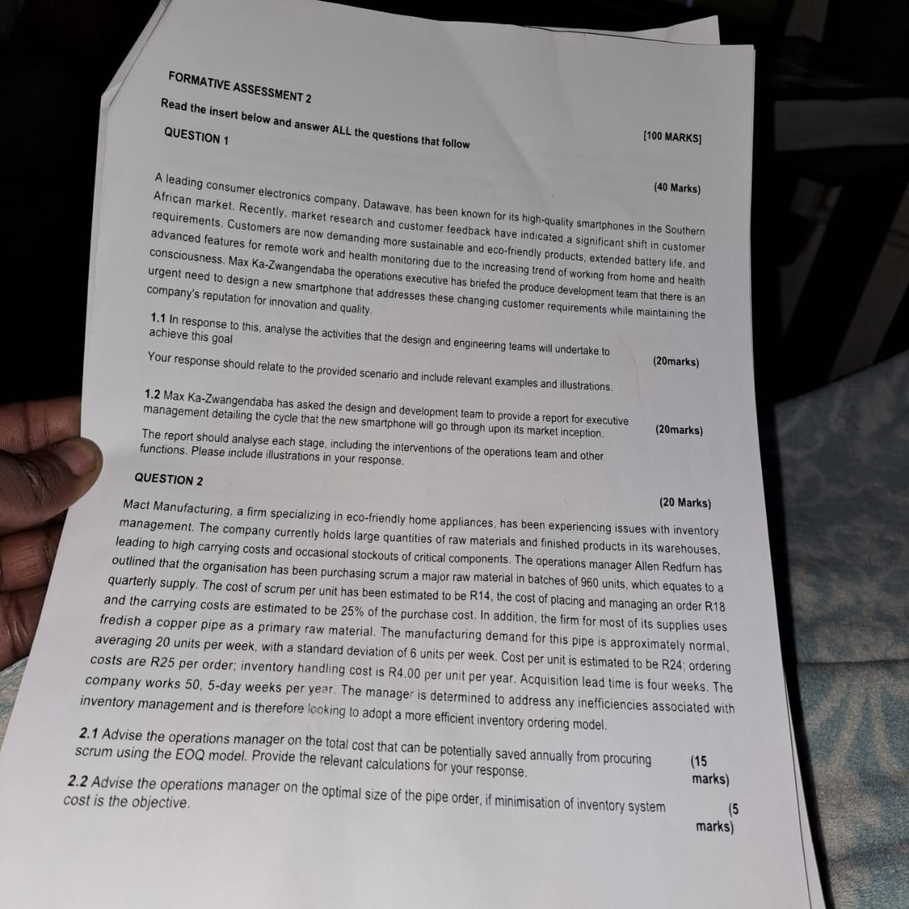  QUESTION 1(40 Marks) A leading consumer electronics company, Datawave, has been