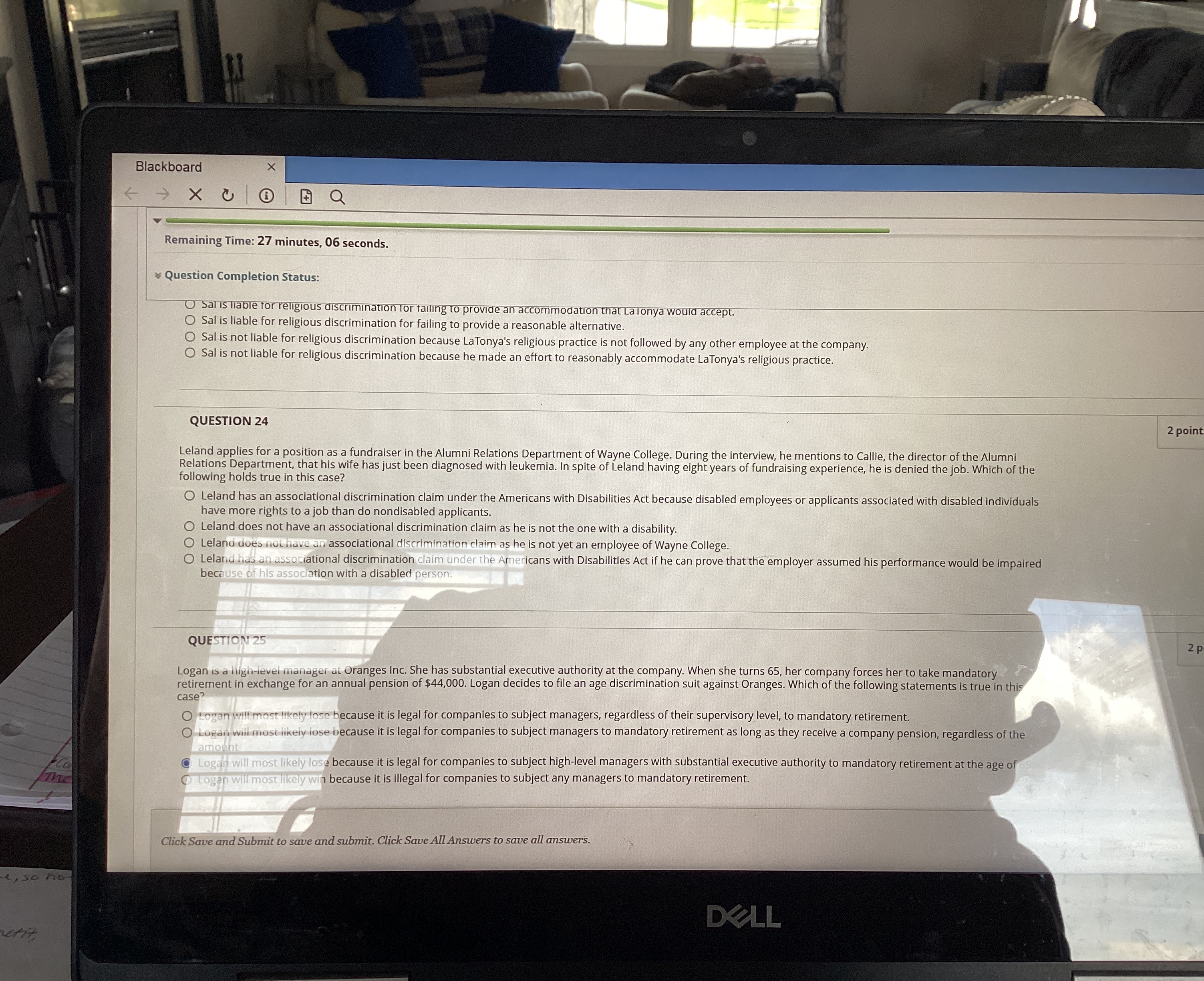  Remaining Time: 27 minutes, 06 seconds. Question Completion Status: Sal is