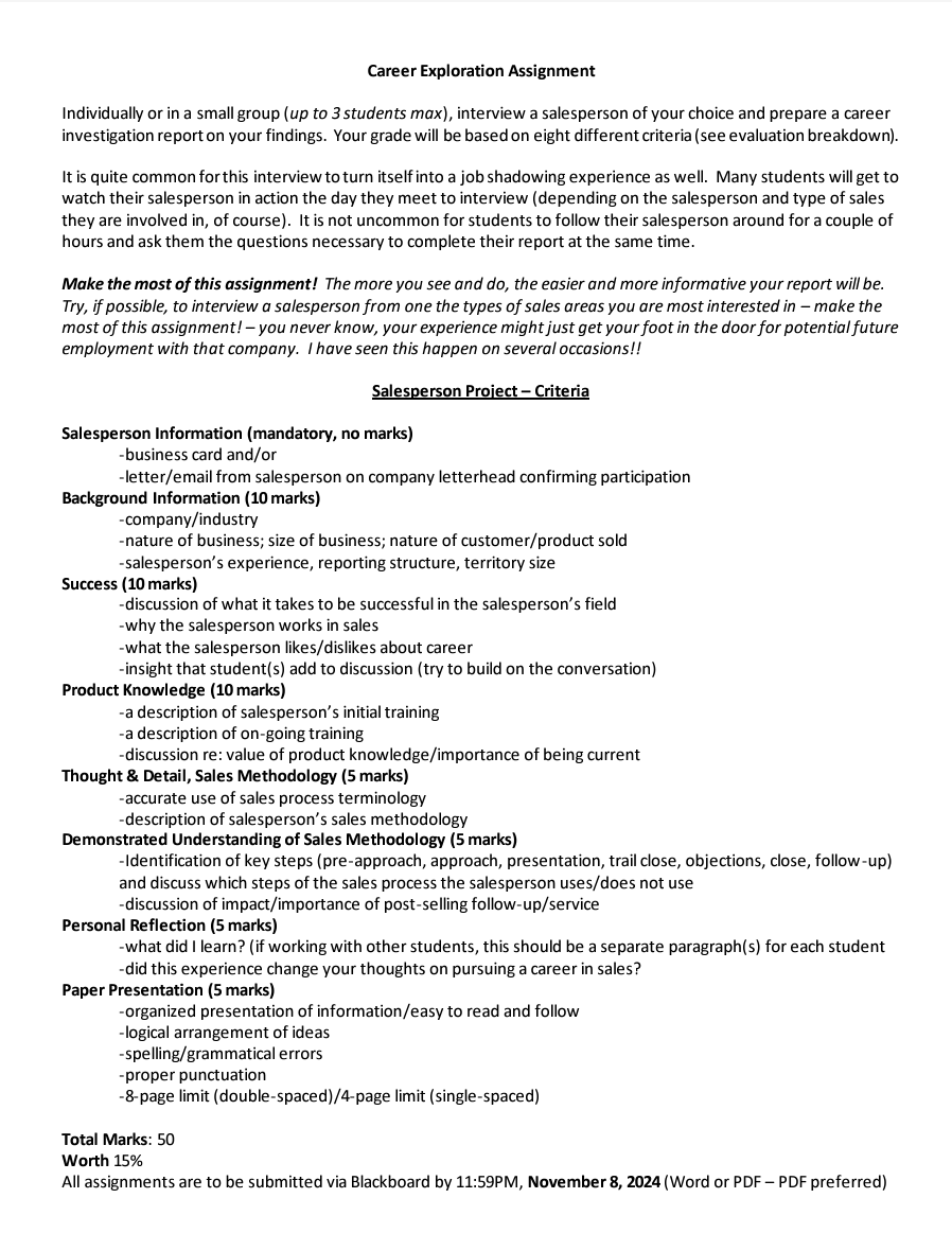  Career Exploration Assignment Individually or in a small group (up to