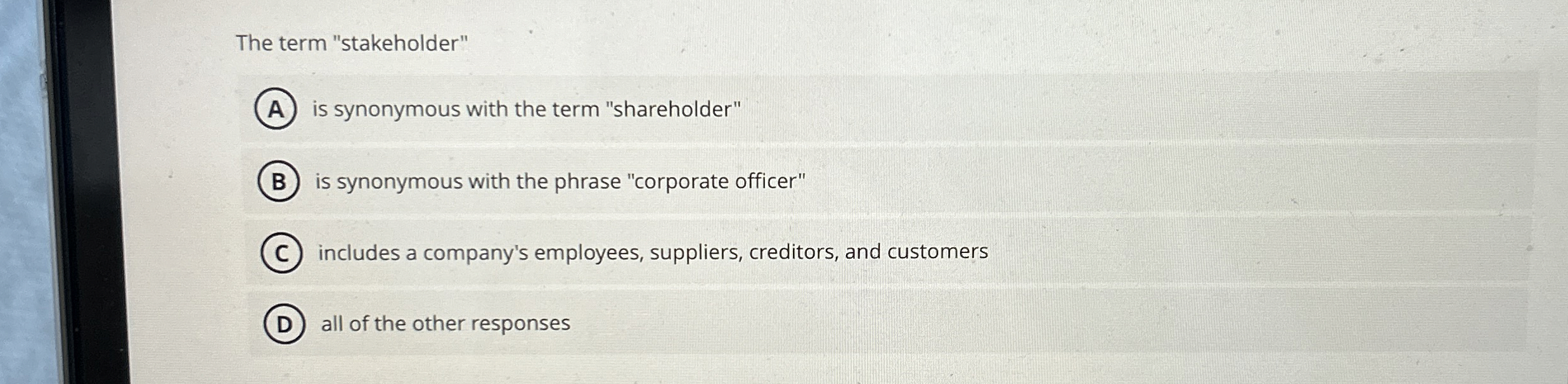  The term "stakeholder" is synonymous with the term "shareholder" is synonymous