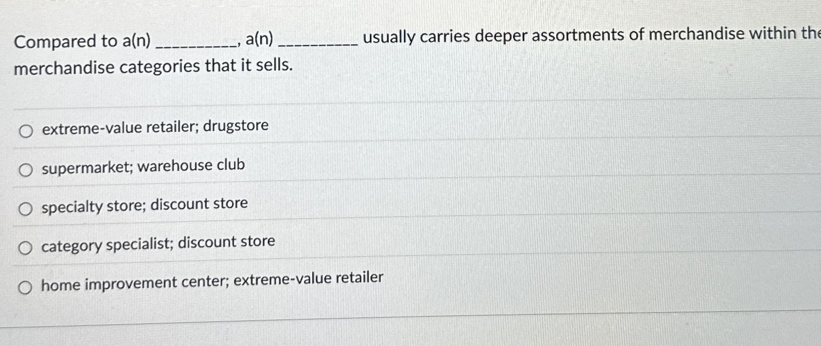  Compared to a(n) a(n) usually carries deeper assortments of merchandise within