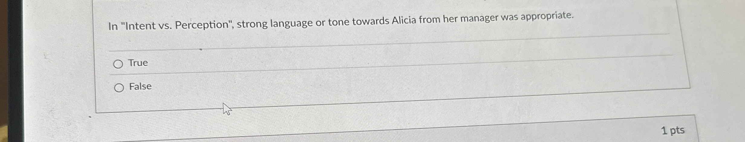  In "Intent vs. Perception", strong language or tone towards Alicia from