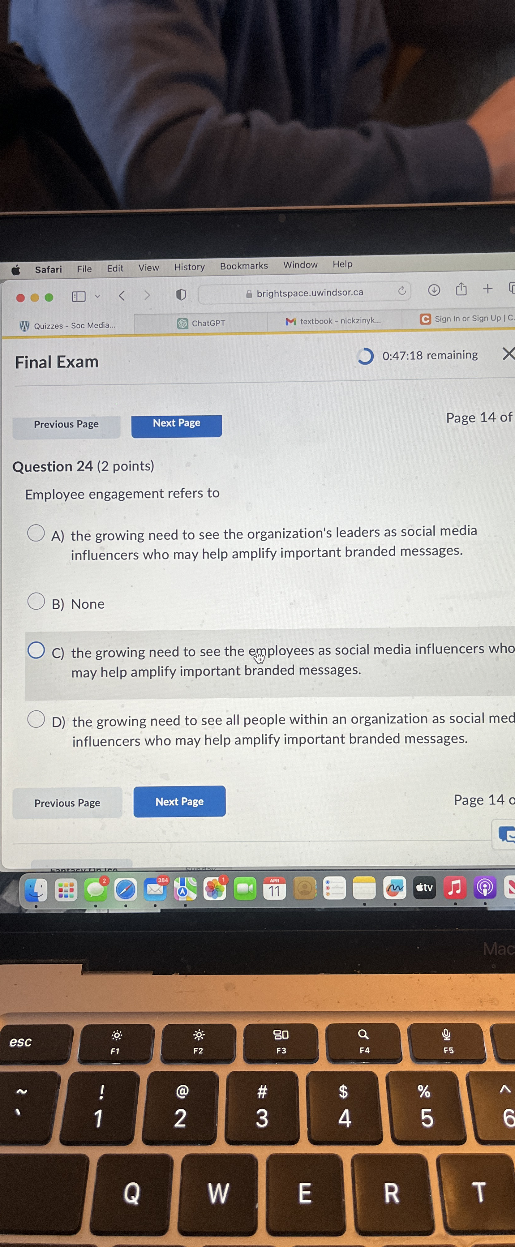  Final Exam 0:47:18 remaining Page 14 of Question 24(2 points) Employee