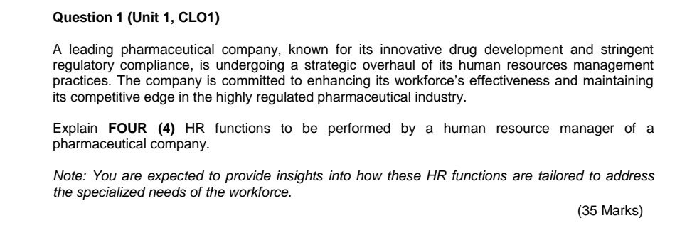  Question 1(Unit 1, CLO1) A leading pharmaceutical company, known for its