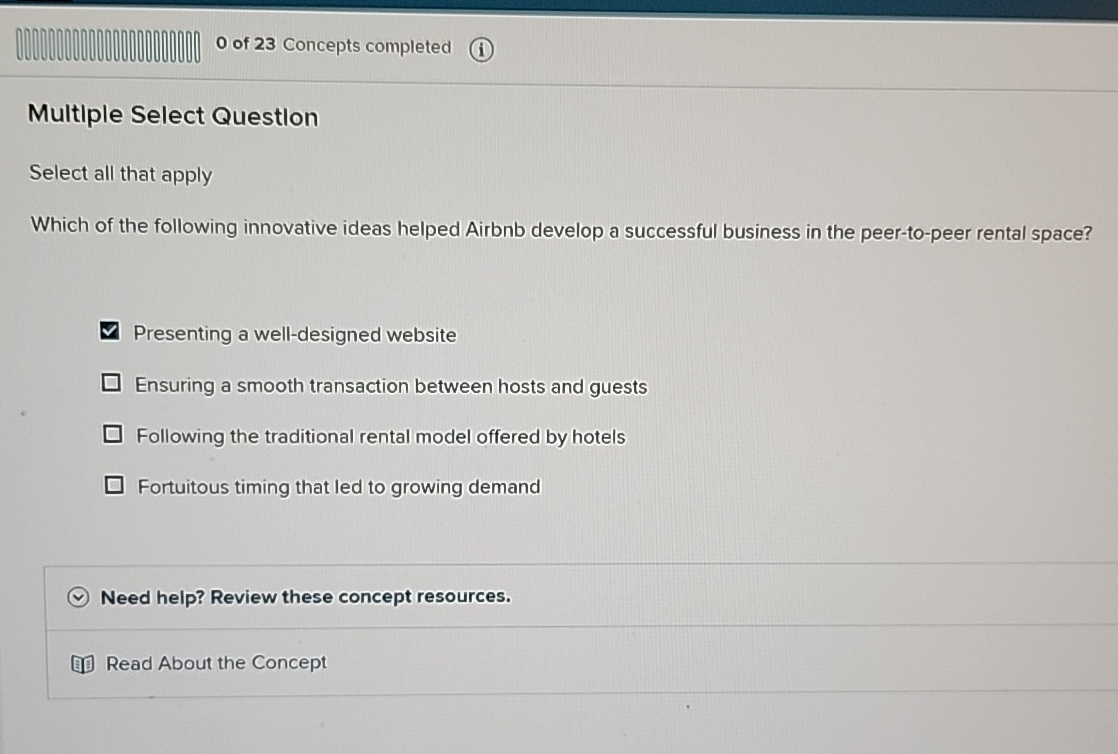  0 of 23 Concepts completed Multiple Select Question Select all that