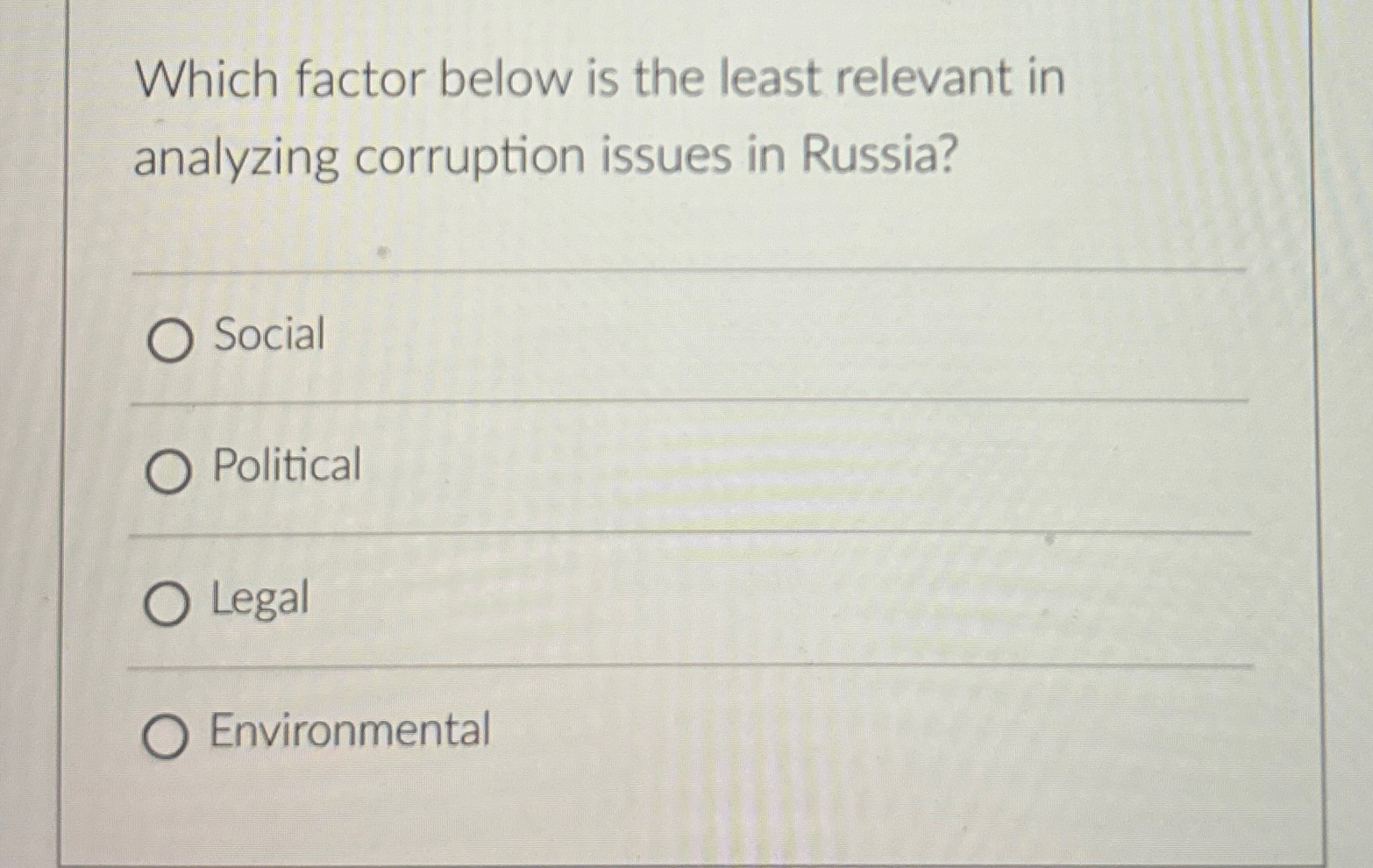  Which factor below is the least relevant in analyzing corruption issues