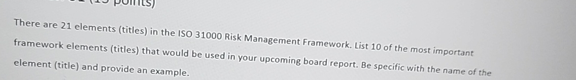  There are 21 elements (titles) in the ISO 31000 Risk Management