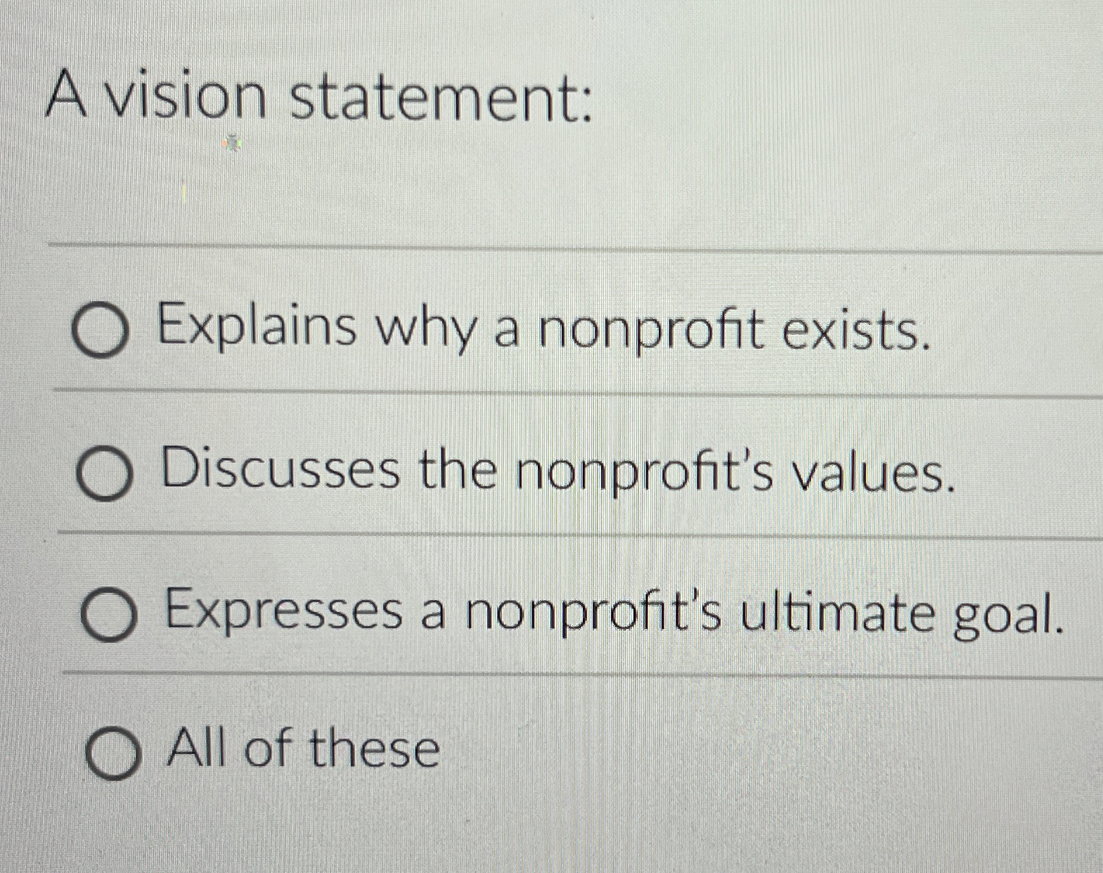  A vision statement: Explains why a nonprofit exists. Discusses the nonprofit's