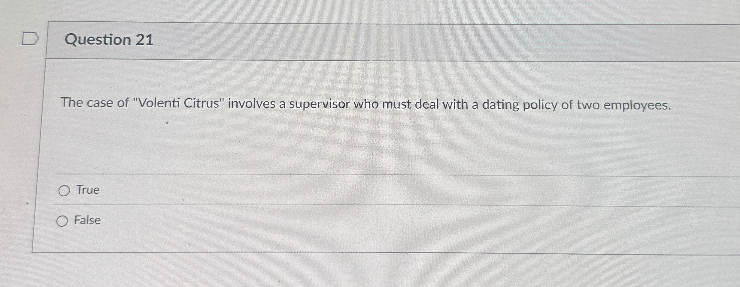  Question 21 The case of "Volenti Citrus" involves a supervisor who
