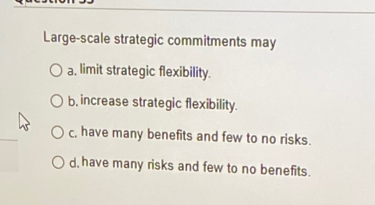  Large-scale strategic commitments may a. limit strategic flexibility. b. increase strategic