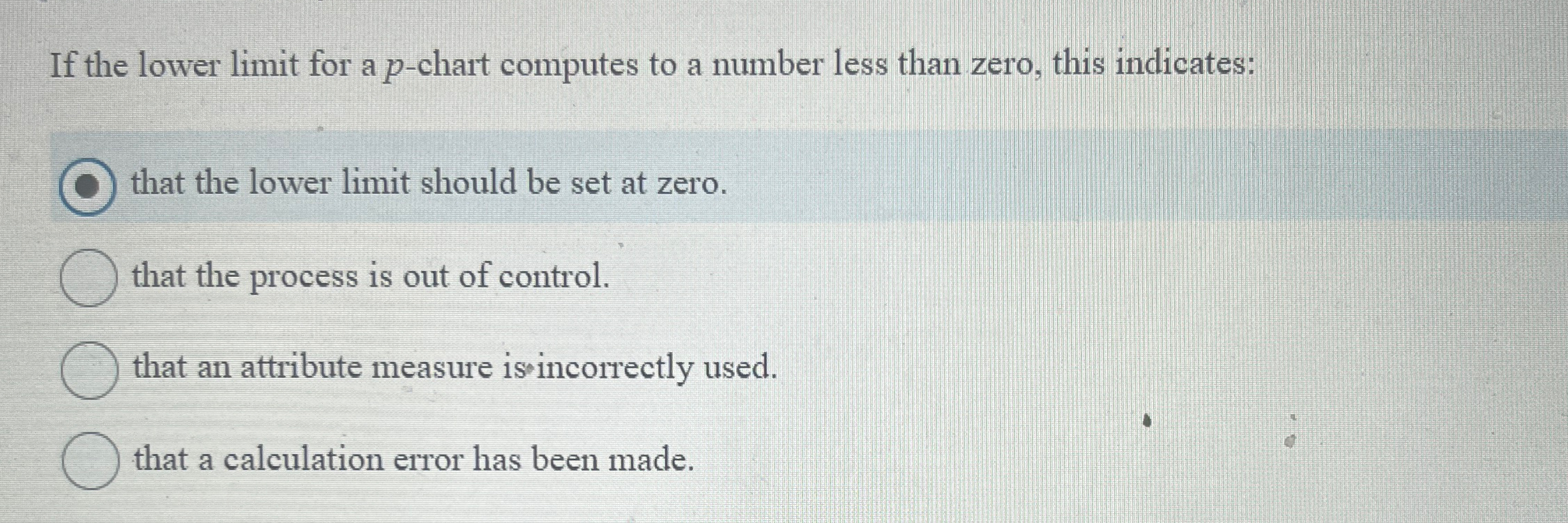  If the lower limit for a p-chart computes to a number