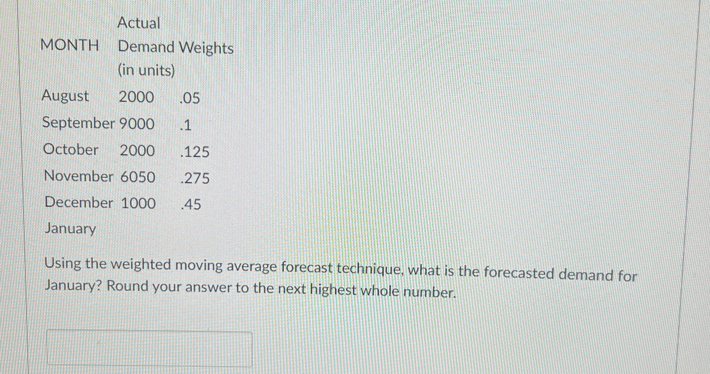  Actual MONTH Demand Weights (in units) August 2000.05 September 9000.1 October