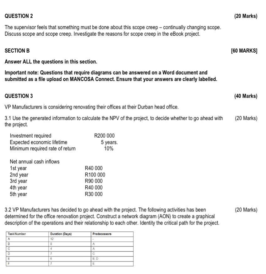  QUESTION 2 (20 Marks) The supervisor feels that something must be