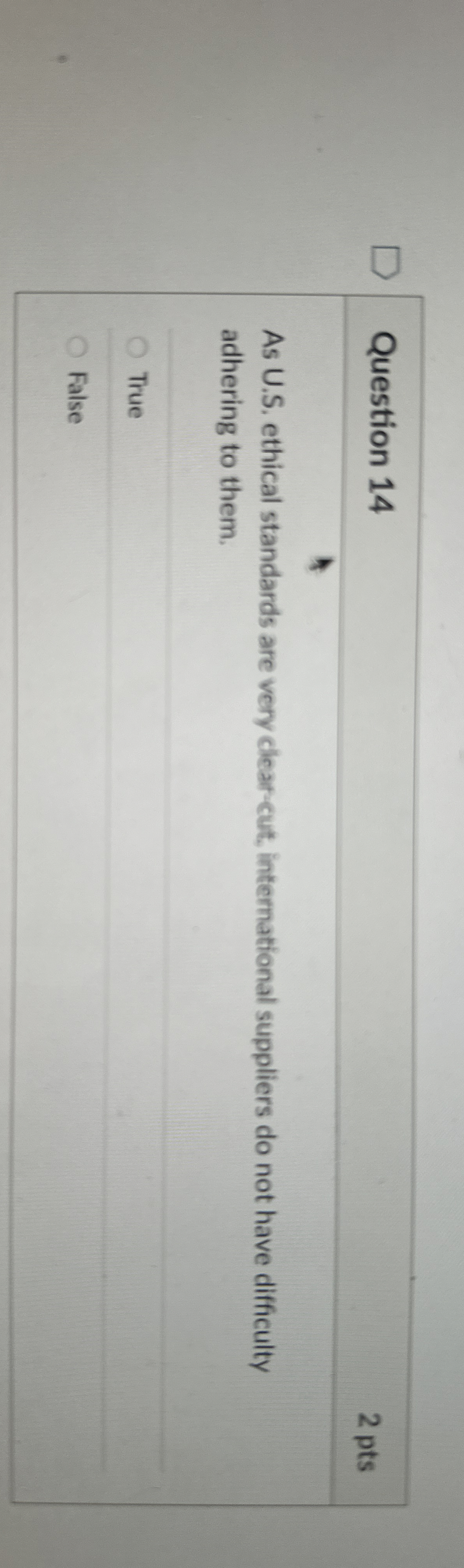  Question 14 As U.S. ethical standards are very clear-cut, international suppliers
