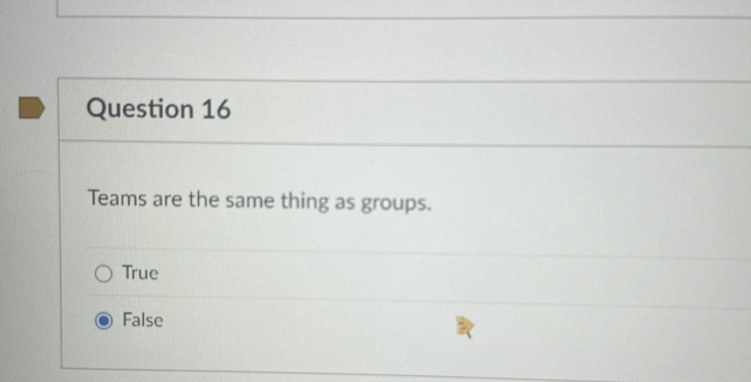  Question 16 Teams are the same thing as groups. True False
