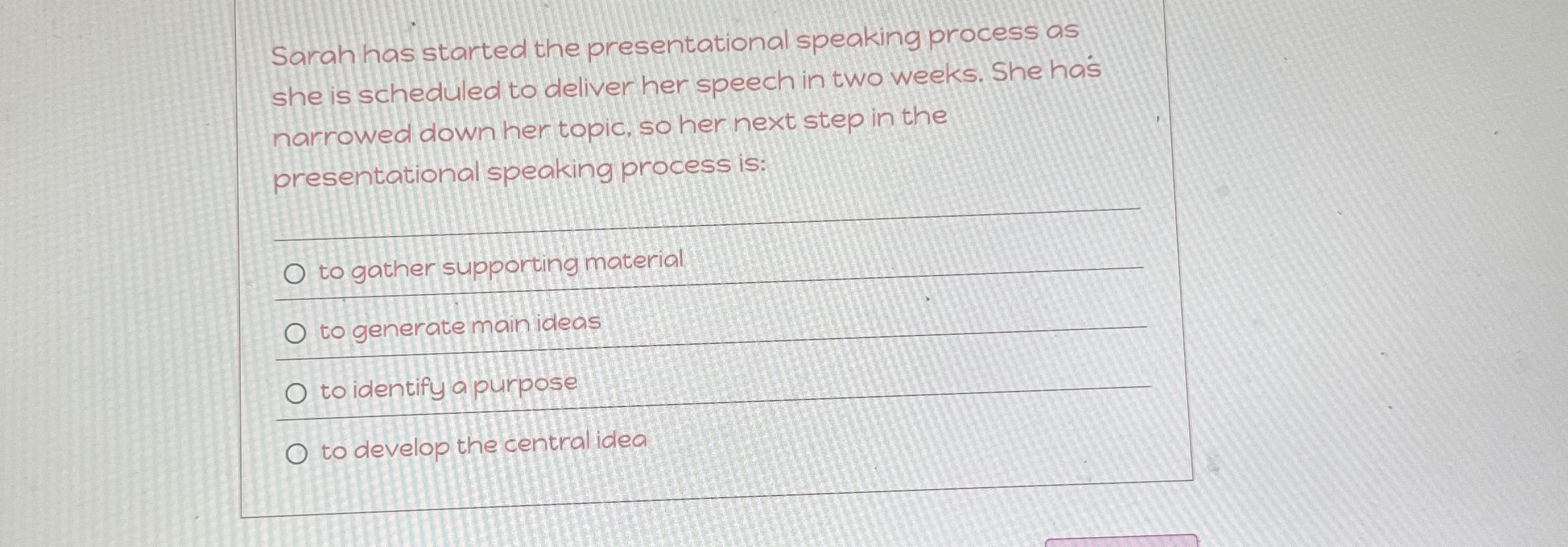  Sarah has started the presentational speaking process as she is scheduled