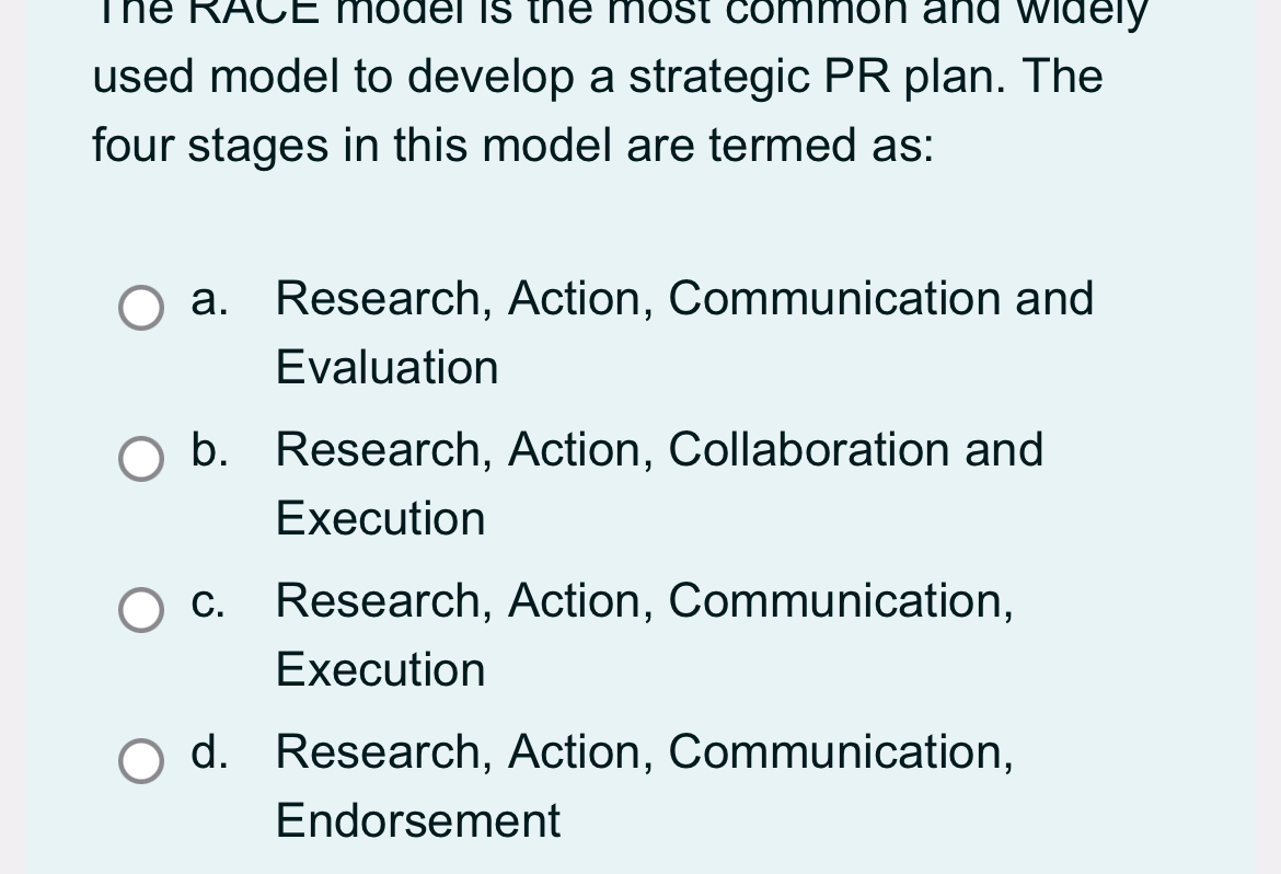  used model to develop a strategic PR plan. The four stages