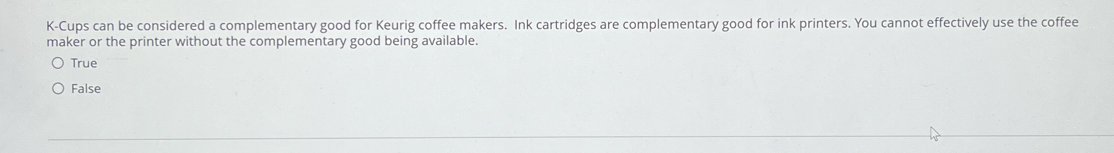  K-Cups can be considered a complementary good for Keurig coffee makers.
