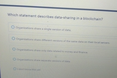  Which statement describes data-sharing in a blockchain? Organizations share a single
