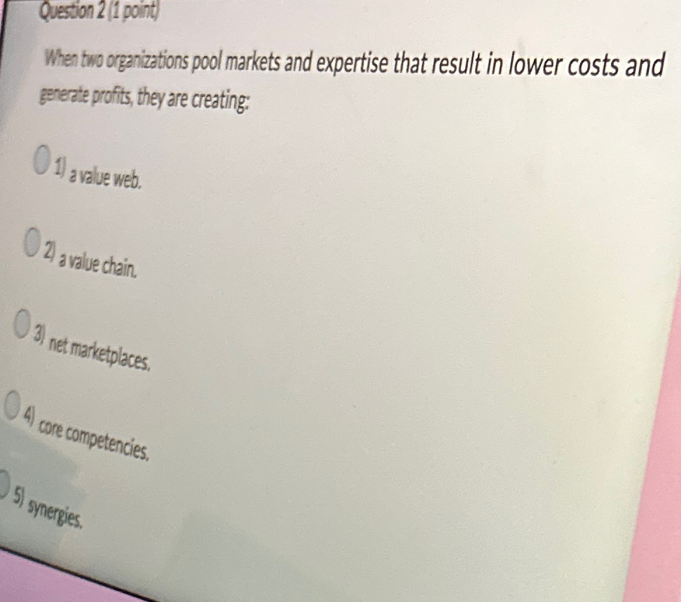  Question 2(1 point) When two organizations pool markets and expertise that