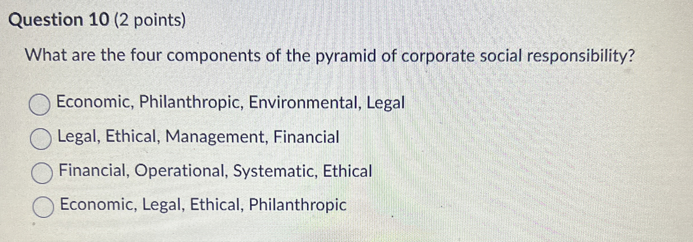  Question 10(2 points) What are the four components of the pyramid