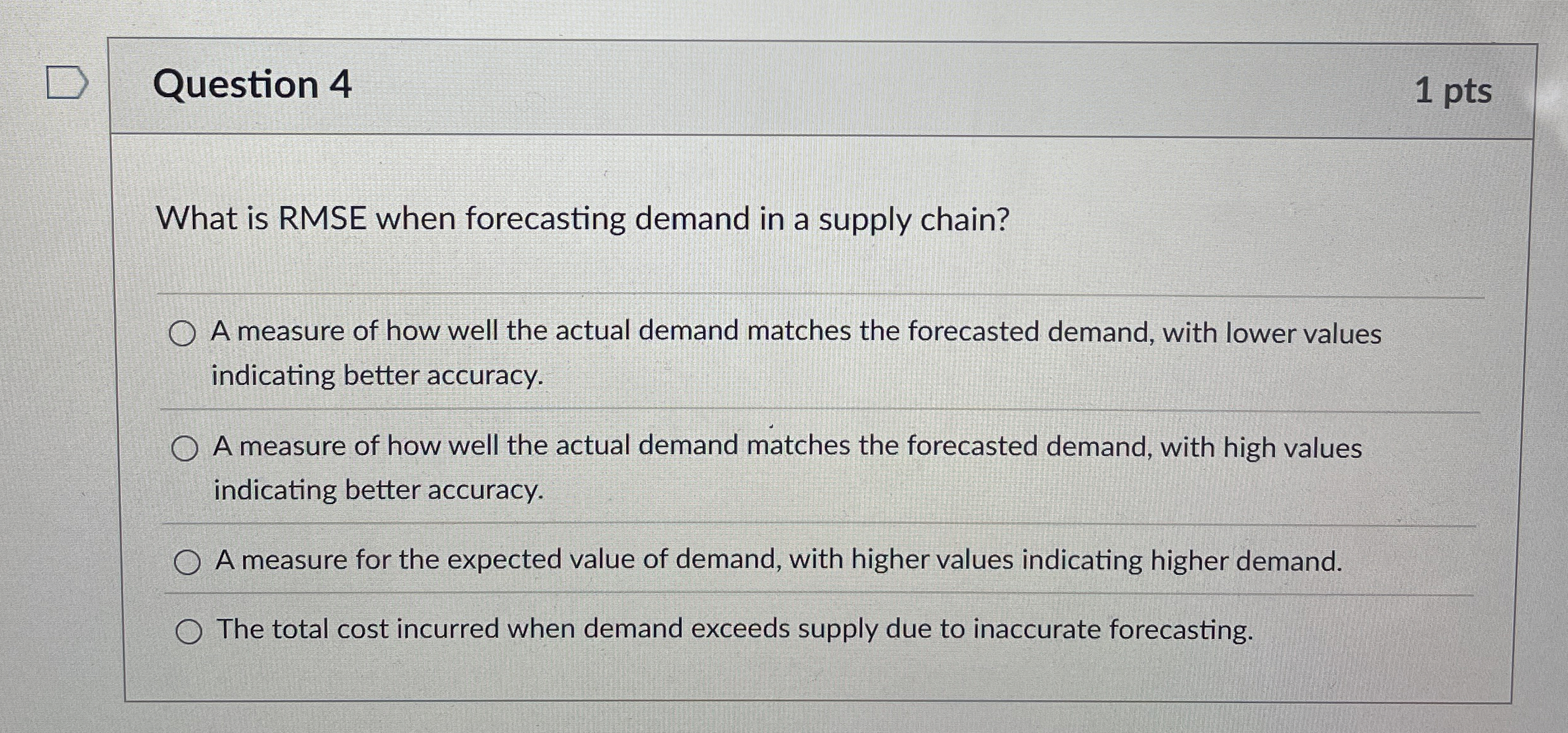  Question 4 What is RMSE when forecasting demand in a supply
