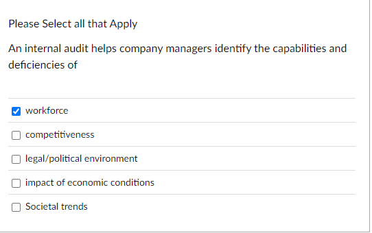  Please Select all that Apply An internal audit helps company managers