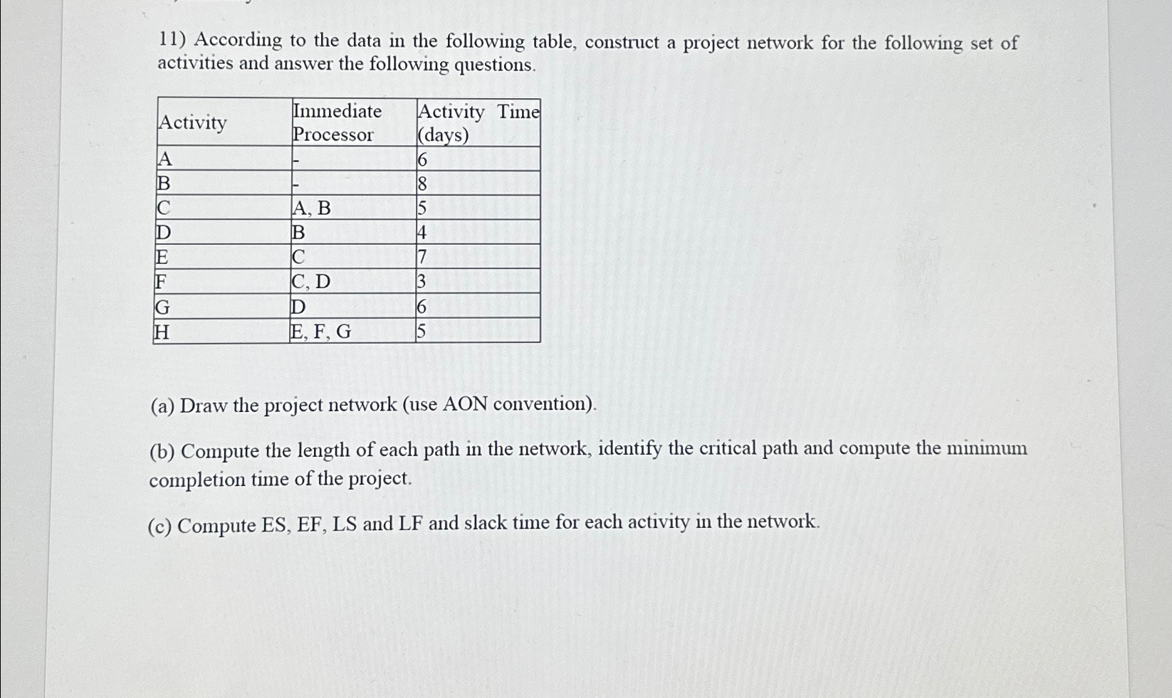  According to the data in the following table, construct a project
