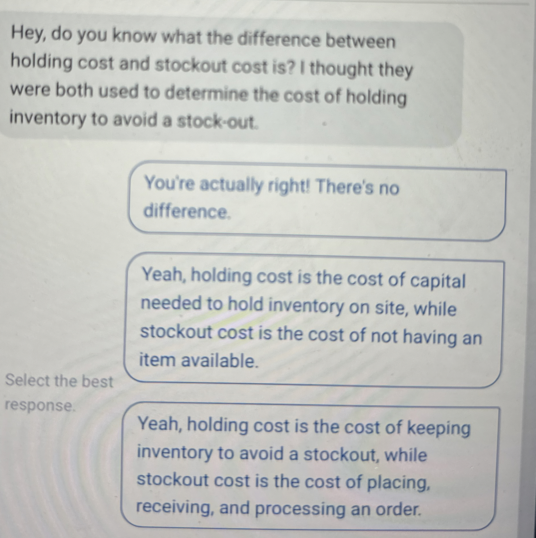  Hey, do you know what the difference between holding cost and