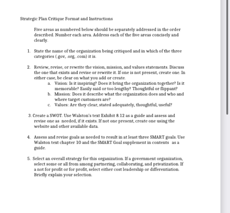  Strategic Plan Critique Format and Instructions Five areas as numbered below