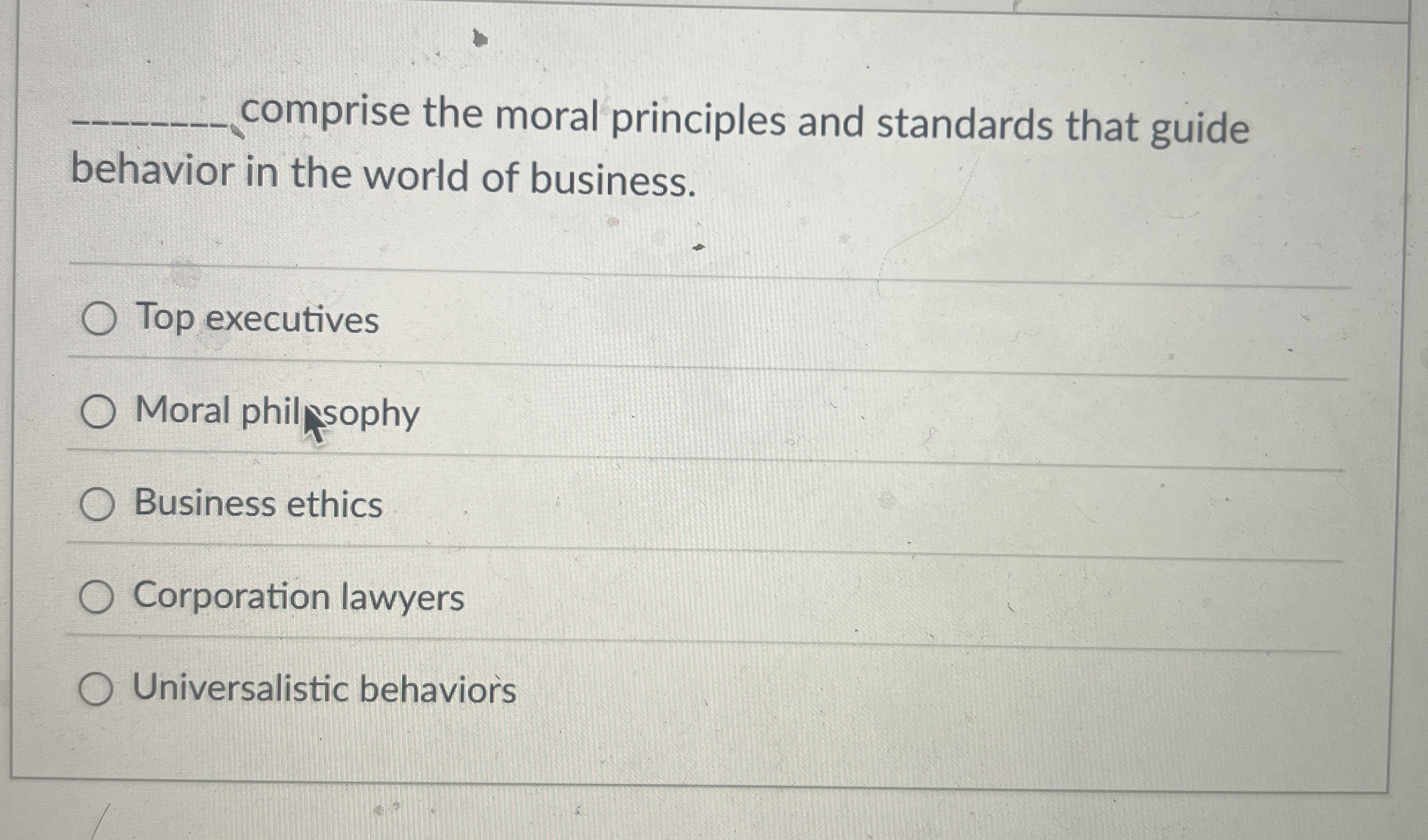  comprise the moral principles and standards that guide behavior in the