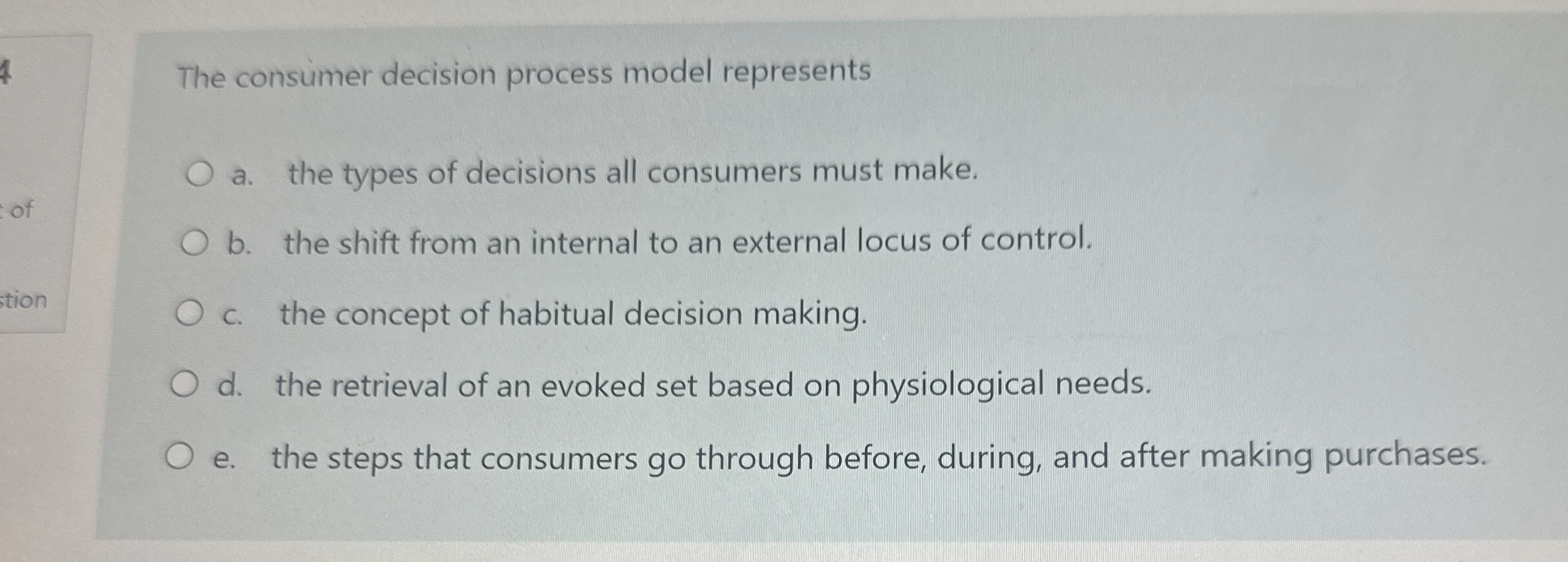  The consumer decision process model represents a. the types of decisions