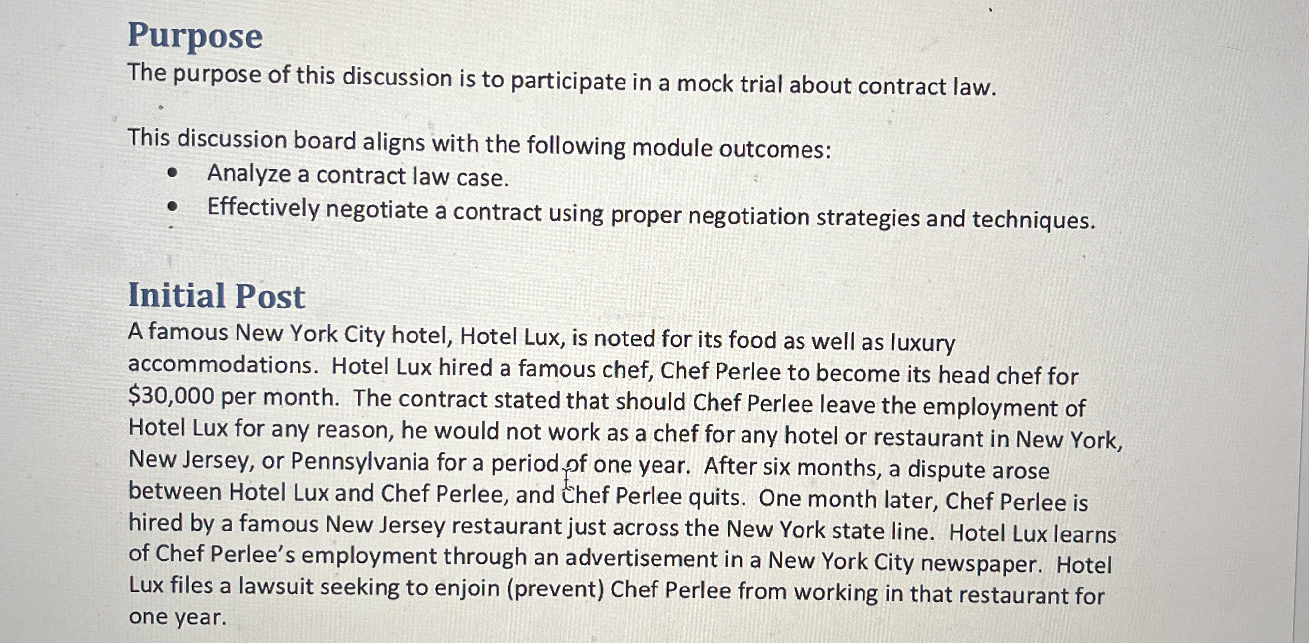  Purpose -represent the defendant(chef perlee) The purpose of this discussion is